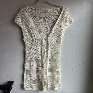 Tobi Crochet Cotton Boho Open Knit Vest Cream Festival Hippie Beach Layering L